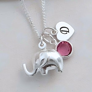 925 Sterling Silver Elephant Necklace, Two Custom charms Initial Birthstone, Good luck Necklace. From Son. From Friend