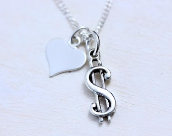 Sterling Silver Dollar Sign Necklace with One Charm Included. Sterling silver Dollar Necklace. Choose chain