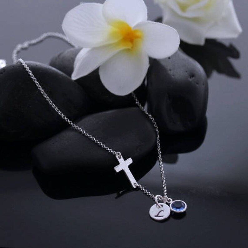 Sterling Silver Cross Necklace on Sterling Silver Chain . Birthstone and Initial Necklace . Sideways Cross initial Birthstone Necklace image 5