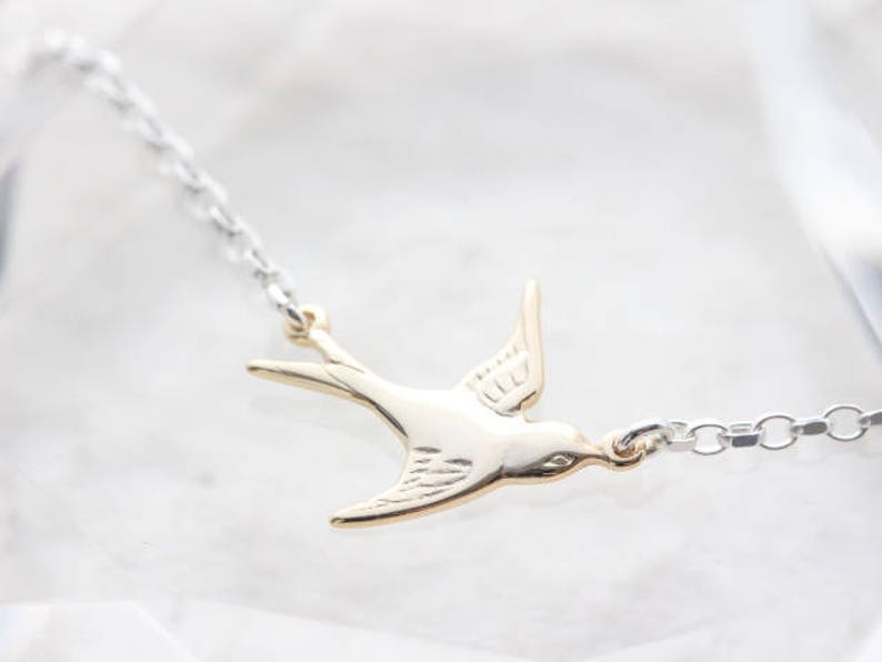 Gold Flying Bird Necklace on Sterling Silver Chain Sterling - Etsy