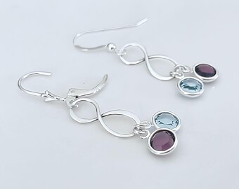 925 Sterling Silver Infinity Earrings, Family Birthstone earrings For Mom Unique Handmade Earring. Choose Leverback or Hook Earrings