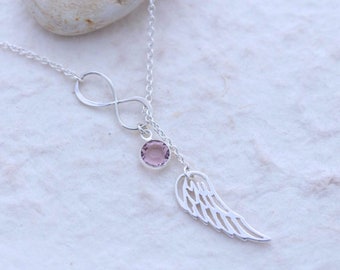 Angel Wing necklace,  Choose custom charm. Infinity Necklace, Wing Necklace, Protection, Sterling silver Wing & infinity, memory wing