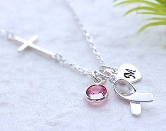 Sterling Silver Cancer Ribbon Necklace. Cancer free Gift. Bird Instead Cross Upon request Engraving Service Available