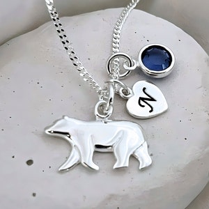 Eisbär-Halskette aus Sterlingsilber. Silberne Bärenhalskette. Personalisierter Geburtsstein und Initiale, Kette auswählen