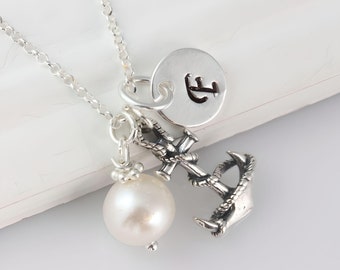 Anchor Charm in Sterling silver On Sterling Silver Chain Necklace . Personalized Anchor With 2 customized charms . Nautical navy jewelry