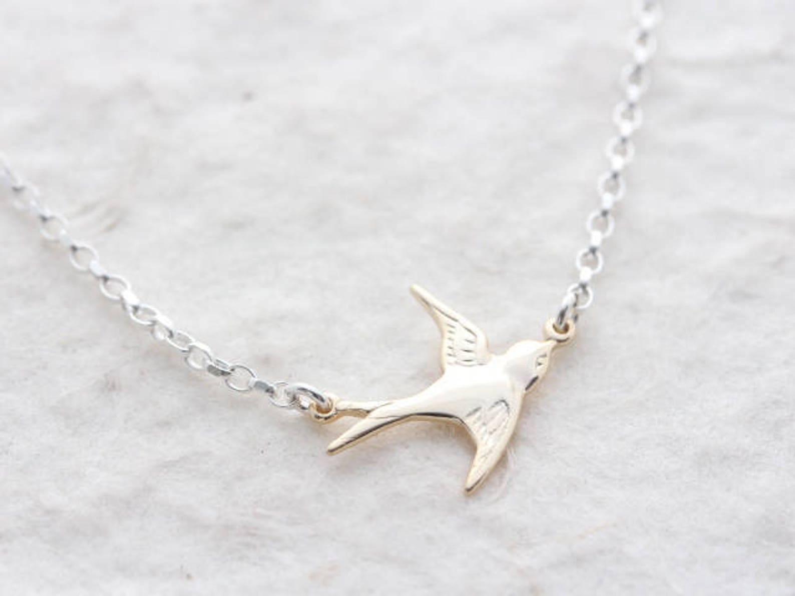 Gold Flying Bird Necklace on Sterling Silver Chain Sterling - Etsy