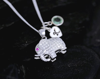 CZ Elephant Necklace, select Pink or Clear Crystal eyes. Sterling silver elephant pendant. Personalized charm necklace. Silver 3D elephant