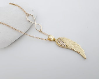 Gold Wing Necklace, Gold Infinity, Gold Angel Wing Necklace, Gold Guardian Angel Wing