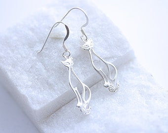 Solid 925 Silver Cat Earrings Select Sterling Silver Leverback Earrings or Hook Earrings. Hypoallergenic, NO Lead, Pewter or Nickel.