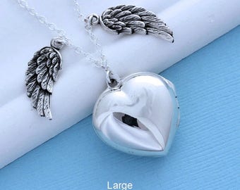 925 Silver Guardian Angel Wing Locket Sterling Silver Heart locket Necklace. Choose Small Locket 12mm, Medium Locket 14mm, Large Locket 20mm