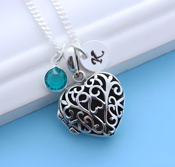 Solid sterling silver Heart locket necklace Locket personalized with Initial and Birthstone. Sze: 18m L x 18m W x 9mm T. R-38. Choose chain