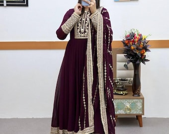Embroidered Anarkali Gown with Dupatta, Fox Georgette Wedding Dress, Party Wear Women's Outfit
