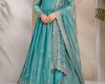 Aqua Blue Anarkali Gown With Dupatta | Zari Sequence Embroidery Indian Wedding Wear