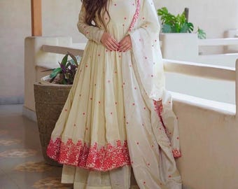 Ivory Diamond Silk Anarkali Suit Set, Red Embroidery Palazzo Dupatta, Festive Wedding Wear