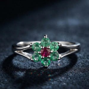 Emerald Flower Silver Ring with Red Ruby Center, Delicate Floral Cluster Ring, Split Band Gemstone Ring, Anniversary Gift for Women