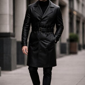 Men's Black Leather Trench Coat, Double Breasted, Belted, Long Duster Jacket
