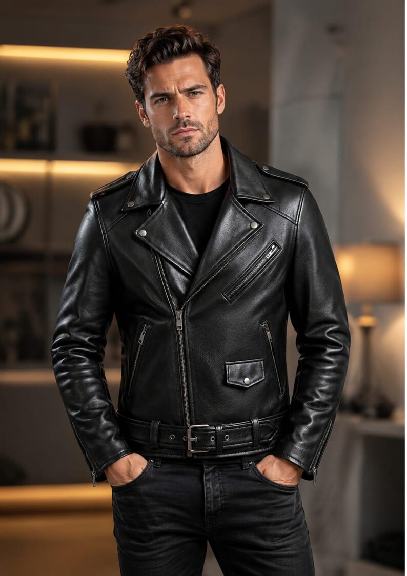 Men's Black Genuine Leather Biker Jacket, Handmade Motorcycle Vintage Style, Slim Fit Outerwear image 1