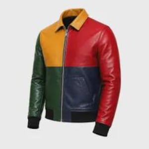 May include: A color-blocked leather jacket featuring a mustard yellow upper right panel, a red upper left panel, a dark green lower right sleeve and panel, and a navy blue lower left panel. It has a classic collar, a silver zipper, and black cuffs.