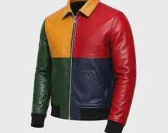 Men's Color Block Leather Jacket, Multicolor Bomber Coat, Vintage Patchwork Vintage Style For Him