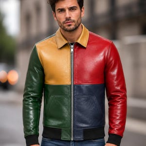 Chaqueta de cuero para hombre con bloques de color, abrigo bomber de cuero auténtico multicolor, elegante chaqueta de cuero patchwork de estilo vintage para hombre.