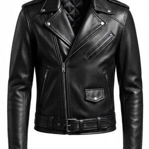 May include: A black leather motorcycle jacket featuring an asymmetrical front zipper, wide notched lapels with silver-tone snaps, a small flap pocket, two zippered side pockets, a zippered chest pocket, zippered cuffs, and a buckled waist belt.