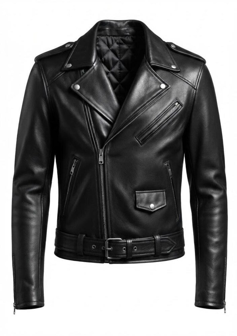 May include: A black leather motorcycle jacket featuring an asymmetrical front zipper, wide notched lapels with silver-tone snaps, a small flap pocket, two zippered side pockets, a zippered chest pocket, zippered cuffs, and a buckled waist belt.