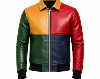 May include: A color-blocked leather jacket featuring a mustard yellow upper left panel, a red upper right panel, a green lower left panel, and a navy blue lower right panel. It includes a central silver zipper, a collar, and black ribbed cuffs.