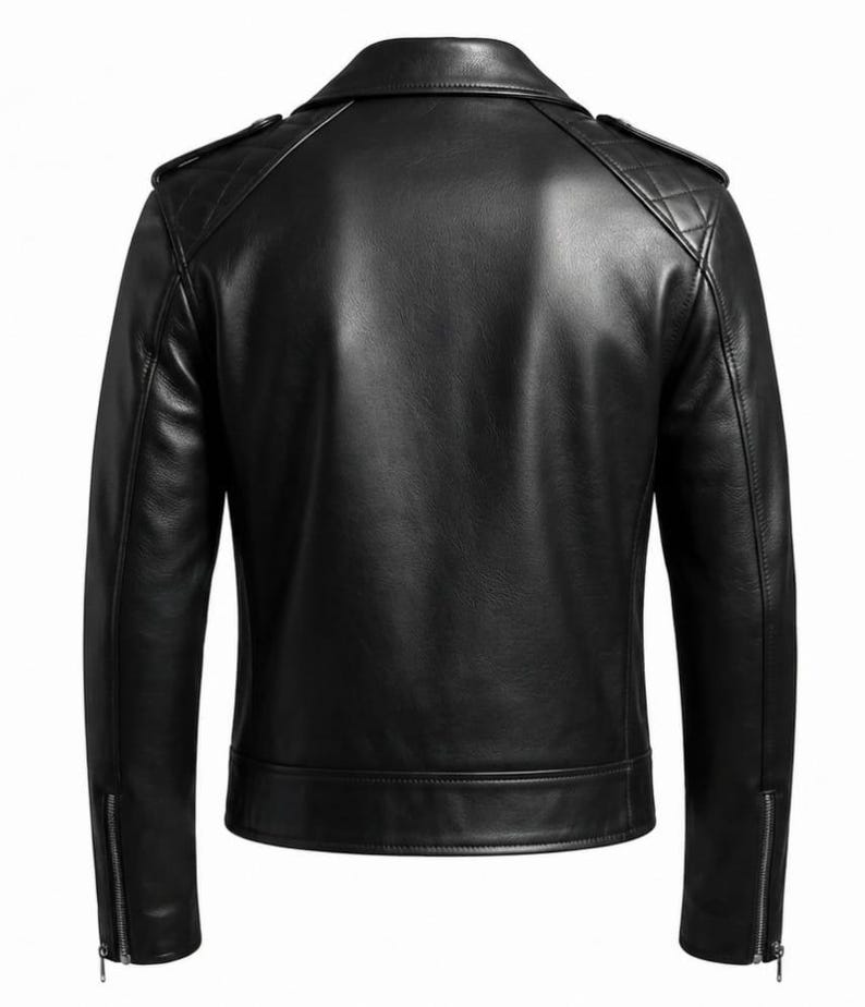 May include: A black leather jacket shown from the back, featuring a folded collar, quilted shoulder panels, and long sleeves with silver-toned metal zippers at the cuffs. The jacket has a smooth finish and a straight hemline at the bottom.