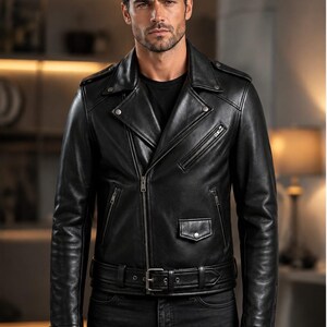 Men's Black Genuine Leather Biker Jacket, Handmade Motorcycle Vintage Style, Slim Fit Outerwear image 3