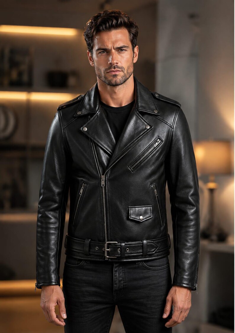 Men's Black Genuine Leather Biker Jacket, Handmade Motorcycle Vintage Style, Slim Fit Outerwear image 3