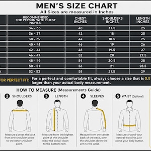 May include: A size chart for clothing featuring a table with size codes from XXS to 4XL, chest, shoulder, length, and sleeve measurements in inches. Includes a how-to-measure guide with five illustrations showing where to measure on a shirt.
