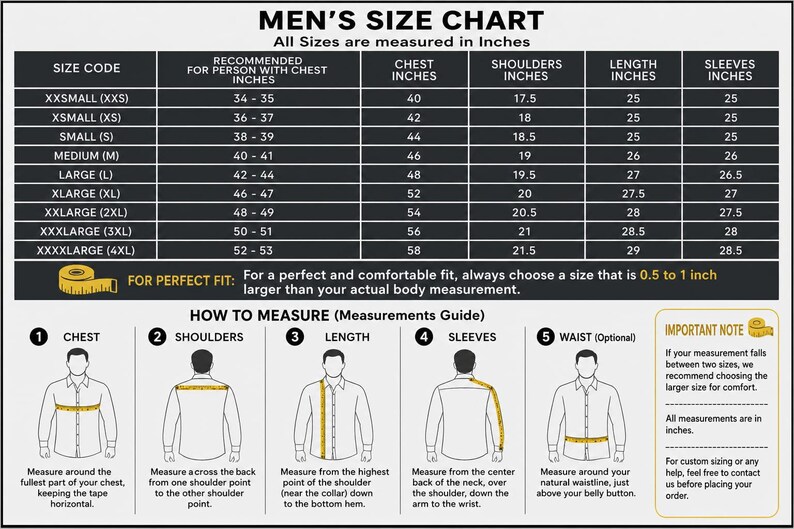 May include: A size chart for clothing featuring a table with size codes from XXS to 4XL, chest, shoulder, length, and sleeve measurements in inches. Includes a how-to-measure guide with five illustrations showing where to measure on a shirt.