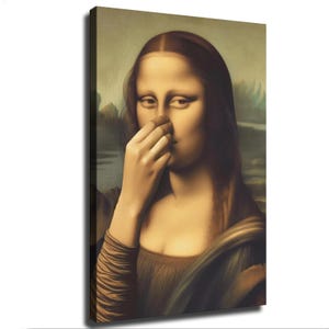 May include: A canvas print featuring a portrait of a person with long dark hair, wearing a dark garment, with one hand raised to their nose. The colour palette consists of muted earth tones, including shades of brown, olive green, and soft beige.