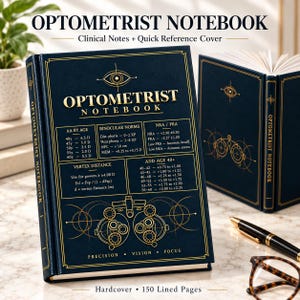 May include: A dark blue hardcover Optometrist Notebook with gold foil text and diagrams. The cover features clinical data, including AA by age, binocular norms, vertex distance, and add age charts, alongside a graphic of a phoropter and eye icon.
