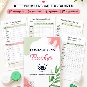 May include: A contact lens tracker planner with multiple printed pages including a lens replacement calendar, monthly wear log, and eye symptoms log. The set includes a white contact lens case, gold-rimmed glasses, and a 10 ml bottle of eye drops.