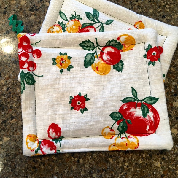 SPRING SALE! Vintage Fabric Potholders, Repurposed Linen, Fruit Designs, Selling Individually, Two Available