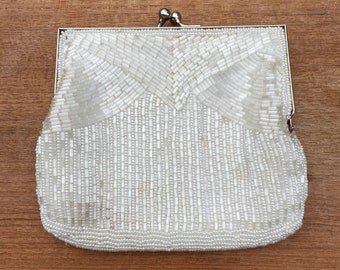 Vintage Beaded Bag, Magid Brand, Made in Macau, Ivory Beads, Satin Lining, Holiday Party Bag, Fair-Good Vintage Condition, Pretty!