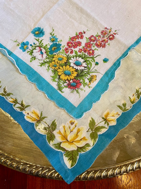 Vintage Hankies, Two Floral Handkerchiefs, 1950s, 