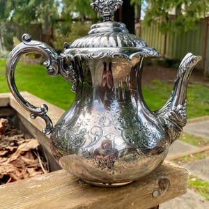 Vintage Derby Silverplate Teapot: Scroll Design, Monogrammed &#39;T&#39;, Quadruple Plate
