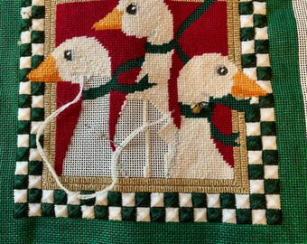 Needlepoint Tapestry, Christmas Geese, Unfinished, DeDe Brand, 1980s Geese, Wonderful!