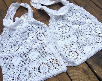 Market Bag, Repurposed Lace Tablecloth, Crocheted Fabric, White, Large, Hand Made, Two Available, Selling Separately, So Handy and Cute!