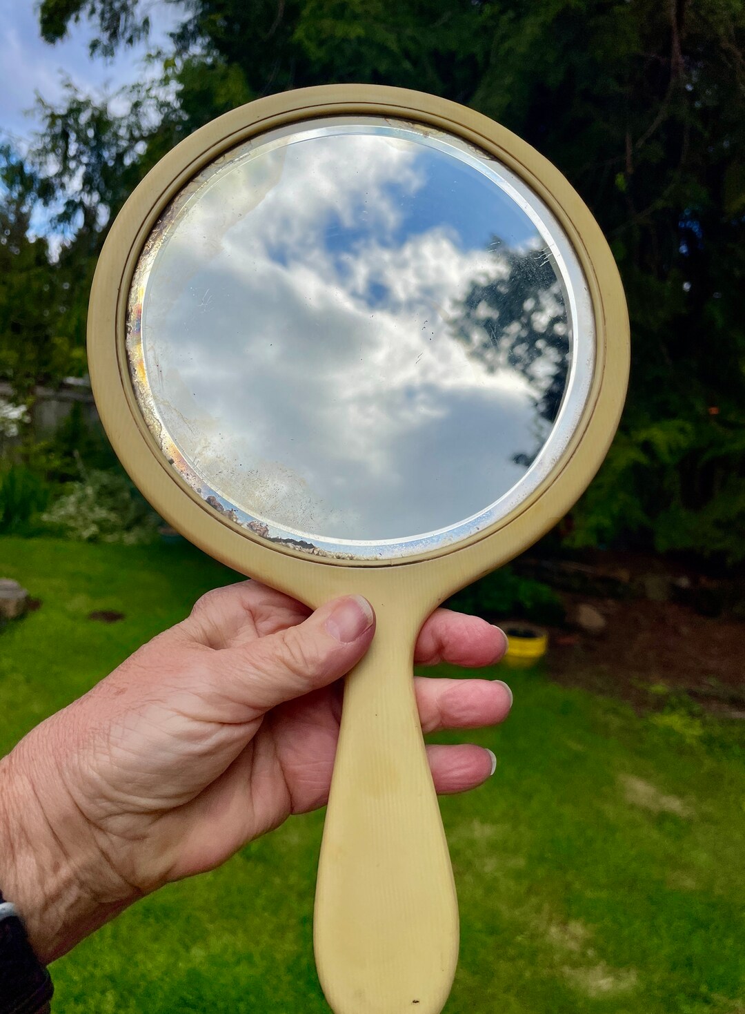 Bakelite or Plastic Mirror, 1950s Hand Held Mirror, Yellow-tan 