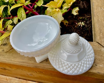 Vintage Milk Glass Covered Dish, Pedestal Dish, Westmoreland, Covered Candy Dish, Diamond Pattern, 1950s, Excellent Condition!