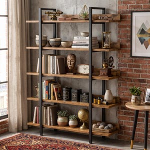 Op de afbeelding: Een hoog boekenrek met vijf niveaus, een zwart metalen frame en rustieke bruine houten planken. De planken staan vol met diverse decoratieve voorwerpen, waaronder boeken, kommen, een houten masker, een klok, een wereldbol en kleine planten.