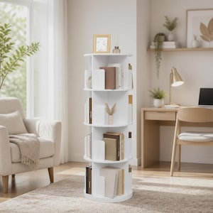 Op de afbeelding: Een wit, vijf-laags draaibaar boekenrek met een cilindrisch ontwerp. Elke laag is voorzien van verticale verdelers om boeken en decoratieve items te ordenen. De unit staat op een ronde voet en is gevuld met diverse boeken en een fotolijst.