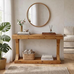 Farmhouse Console Table, Solid Pine Wood with Rustic Design