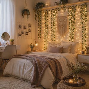 Op de afbeelding: Een slaapkamer met een bed met wit beddengoed en een bruine sprei, versierd met hangende klimopranken en warme lichtsnoeren. Een macramé wandhanger hangt boven het hoofdeinde tussen twee nachtkastjes met lampen.