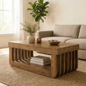 Op de afbeelding: Een rechthoekige houten salontafel met een natuurlijke bruine afwerking, voorzien van een massief blad en een onderstel van verticale latten. De tafel heeft een open onderste plank met twee gestapelde boeken getiteld Live Beautifully en This Is Home.