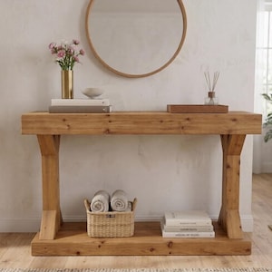 Farmhouse Console Table, Solid Pine Wood with Rustic Design
