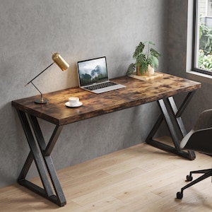 Modern Wood Desk, Industrial Z-Frame Computer Table, Handmade Office Workspace, Rustic Study Desk for Bedroom & Home Office